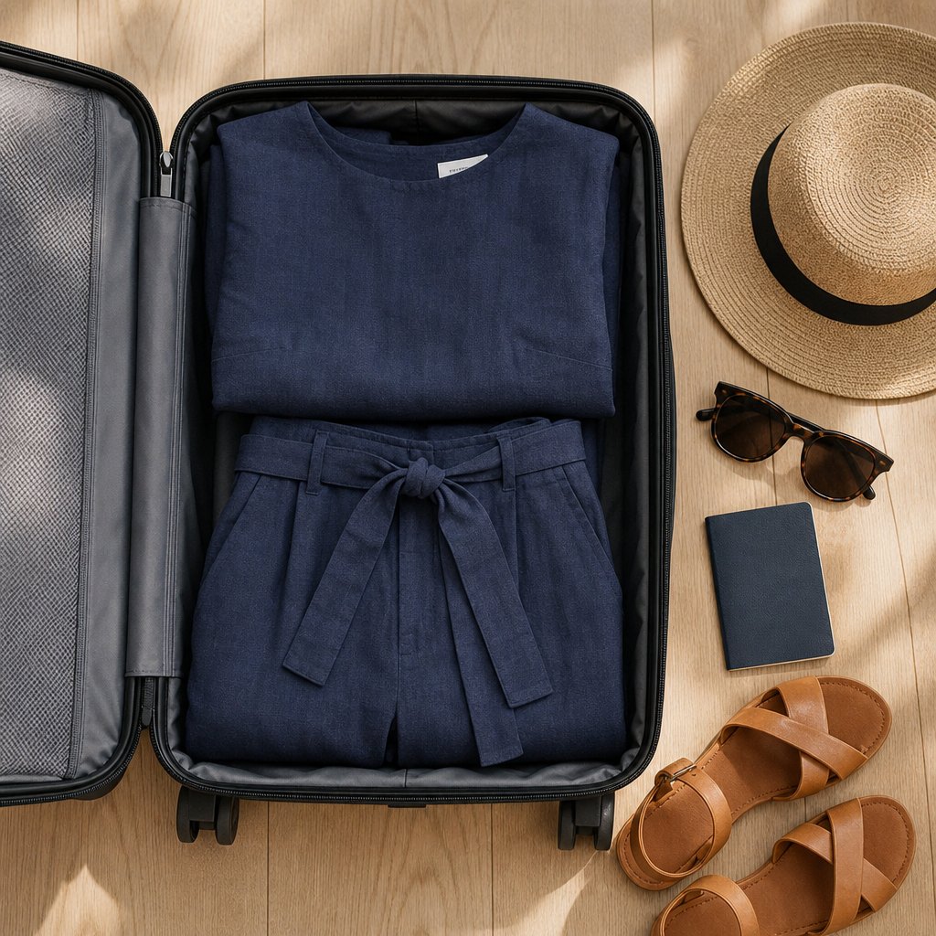 Navy cotton-linen set folded inside an open carry-on suitcase with passport and sunglasses