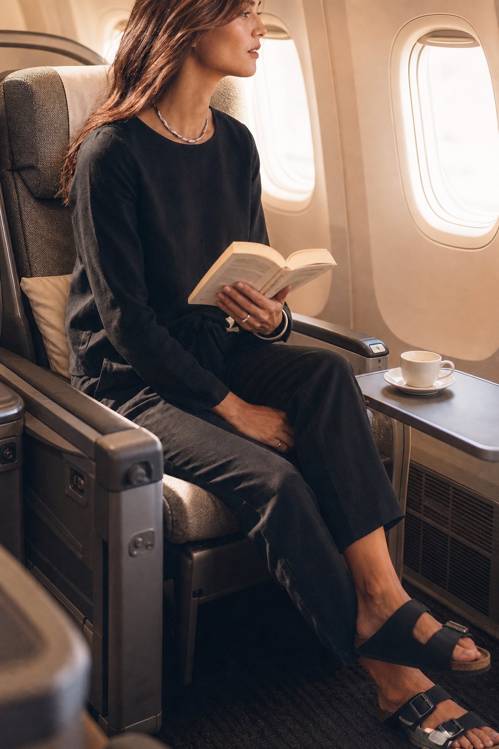 Woman in a black cotton-linen set reading in an airplane seat