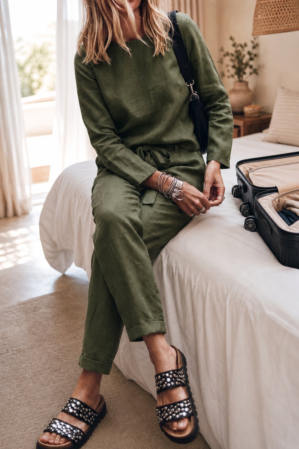 Army green cotton-linen set laid out beside an open suitcase on a hotel bed