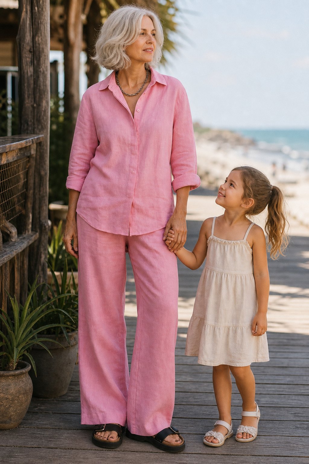 Grandmother in a pink cotton set holding hands with a small child on a beach boardwalk