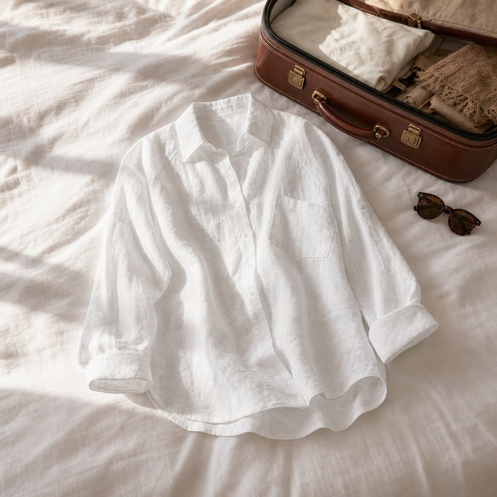 White linen shirt lying softly rumpled on a hotel bed beside an open suitcase